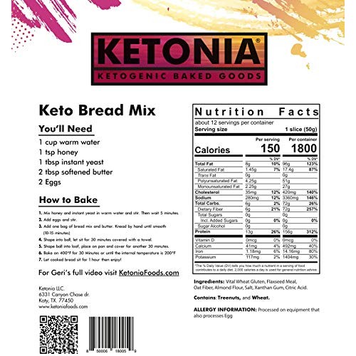 Ketonia Keto Bread Mix - 0 Net Carbs Per Slice - 2 Large Loaves Ketonia Keto Bread Mix - 0 Net Carbs Per Slice - 2 Large Loaves
