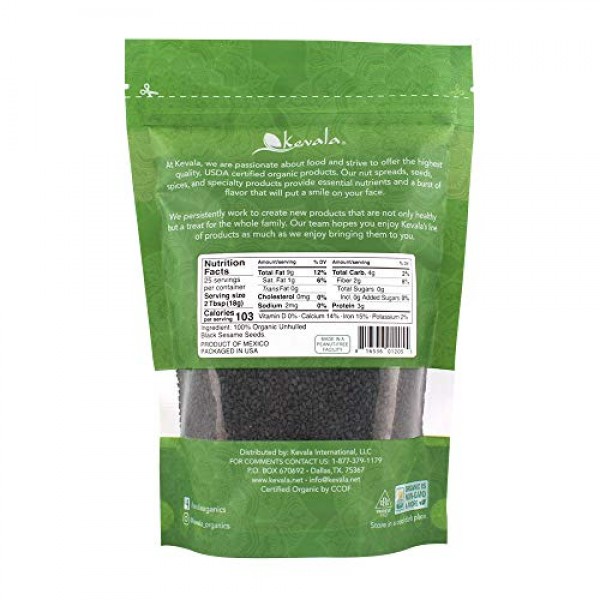 Kevala Organic Black Raw And Unhulled Sesame Seeds, 1 Pound
