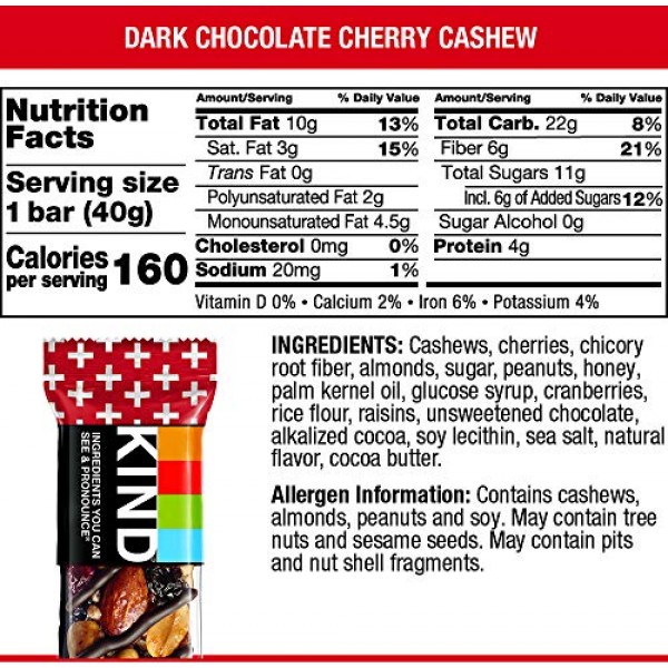Kind Bars, Dark Chocolate Cherry Cashew + Antioxidants, Gluten F