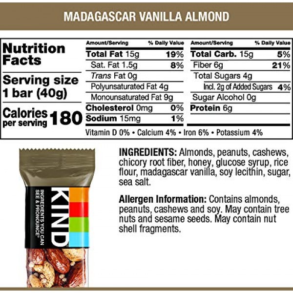 Kind Bars, Madagascar Vanilla Almond, Gluten Free, Low Sugar, 1.