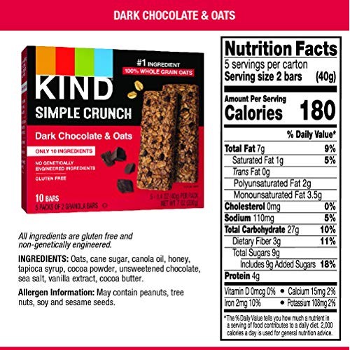 Kind Simple Crunch Bars, Dark Chocolate &Amp; Oats, Gluten Free, Low