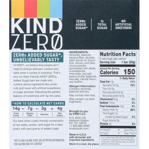 KIND ZERO Added Sugar Bars, Dark Chocolate Nuts and Sea Salt, Ke...