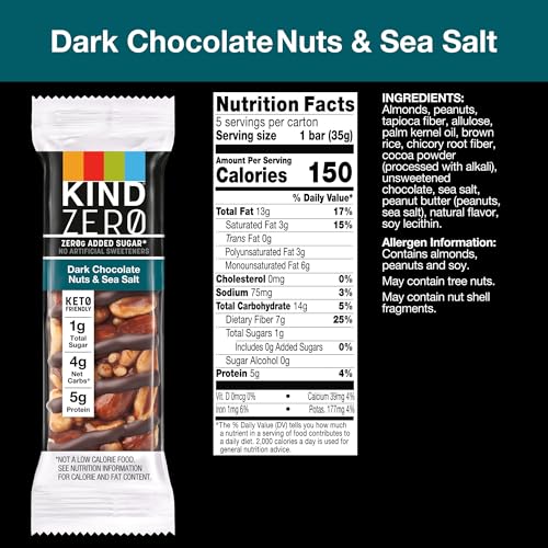 KIND ZERO Added Sugar Bars, Dark Chocolate Nuts and Sea Salt, Ke...