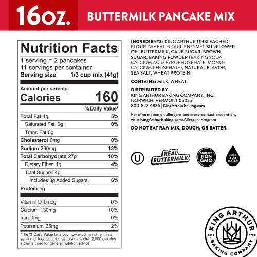 King Arthur Buttermilk Pancake Mix Just Add Water, Sourced Non-GMO, Certified Kosher, 16 Oz