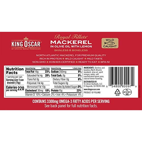King Oscar Skinless &Amp; Boneless Mackerel In Olive Oil &Amp; Lemon, 4.