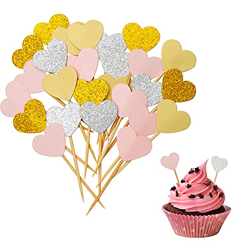 Kiniza 100 Pieces Glitter Heart Cupcake Toppers ,Pink Love Theme