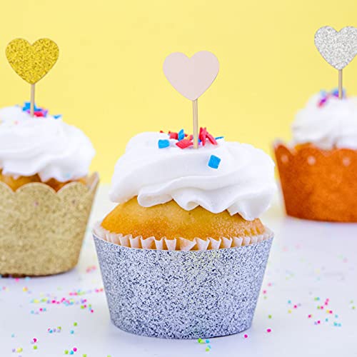 Kiniza 100 Pieces Glitter Heart Cupcake Toppers ,Pink Love Theme