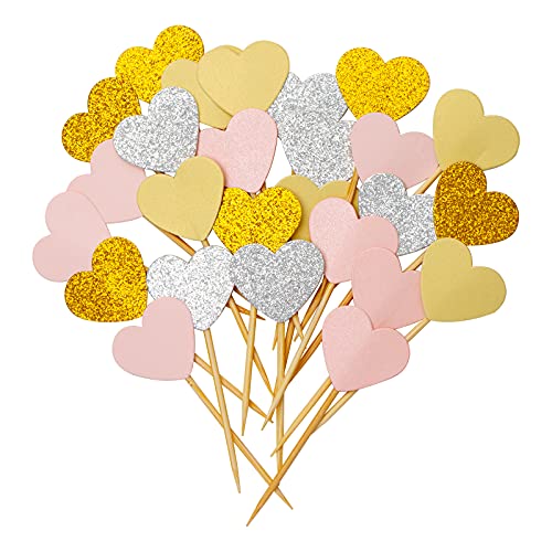 Kiniza 100 Pieces Glitter Heart Cupcake Toppers ,Pink Love Theme