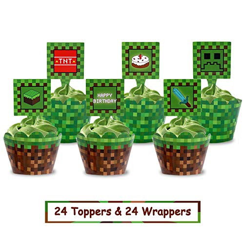 Pixel Cupcake Toppers And Wrapper Happy Birthday Party Printable