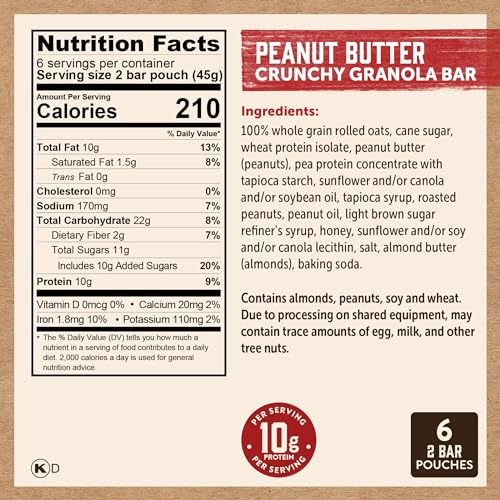 Kodiak Cakes Protein Crunchy Granola Bar, Peanut Butter, Pack o...