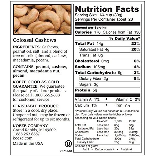 Koeze Colossal Cashews - 30 Oz. Gift Jar - Roasted And Salted Ju