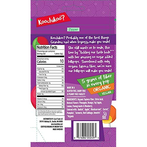Koochikoo Sugar Free Organic Lollipop Pouch, 10 Count 2.2 Oz, P