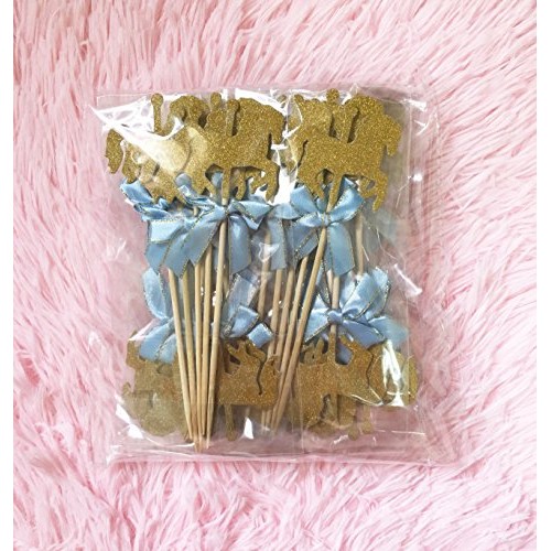 Kwjoy 40 Pieces Carousel Horse Theme Gold Glitter Cupcake Topper
