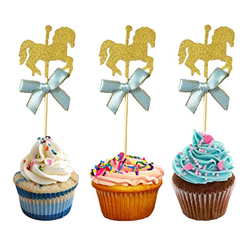 Kwjoy 40 Pieces Carousel Horse Theme Gold Glitter Cupcake Topper