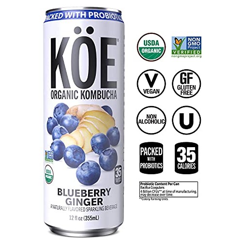 Köe Organic Kombucha Cans, Blueberry Ginger, 12 Ounces, Pack Of 12