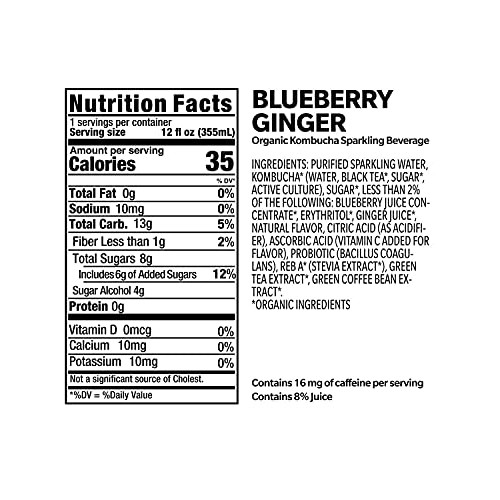 Köe Organic Kombucha Cans, Blueberry Ginger, 12 Ounces, Pack Of 12