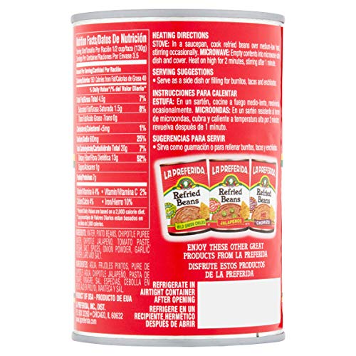 La Preferida Refried Beans, Spicy Chipotle, 16 Oz Pack - 6