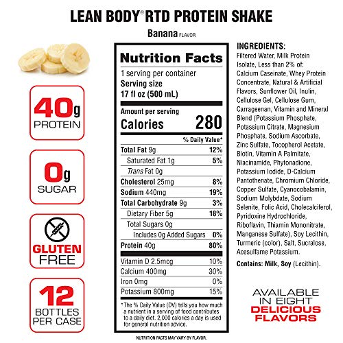 Lean Body Ready-to-Drink Banana Protein Shake, 40g Protein, Whey...