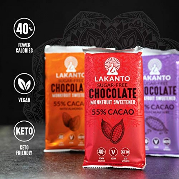 Lakanto Sugar-Free Chocolate Bars, 55% Dark Cacao, Keto Origina...