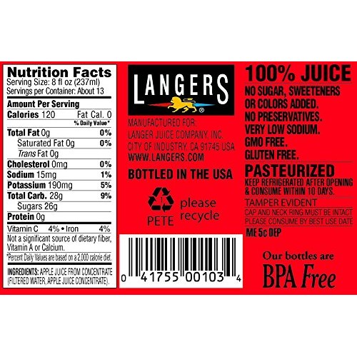 Langers 100% Juice, Apple, 101.4 Ounce Pack Of 4