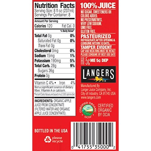 Langers 100% Organic Juice, Apple, 64 Ounce Pack of 8