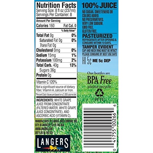 Langers Juice, White Grape with Vitamin C, 64 Ounce Pack of 8