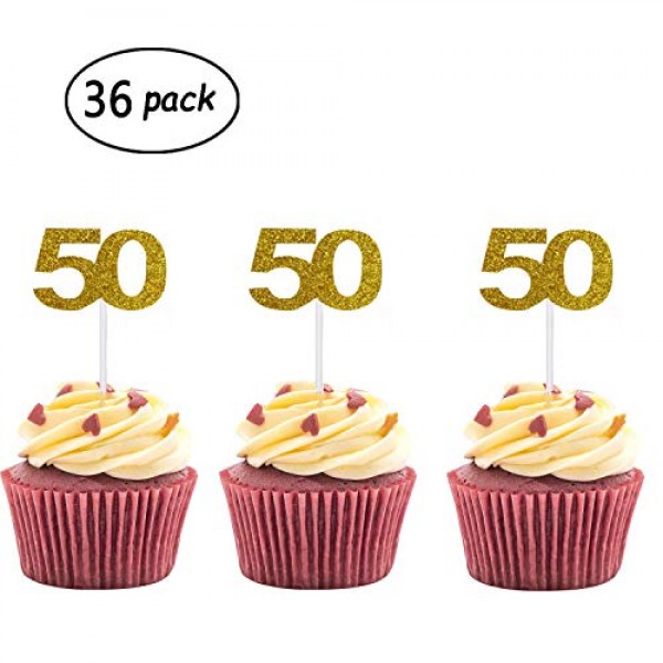 36 Pack Gold Glitter 50th Birthday Cupcake Topper Cake Picks for...