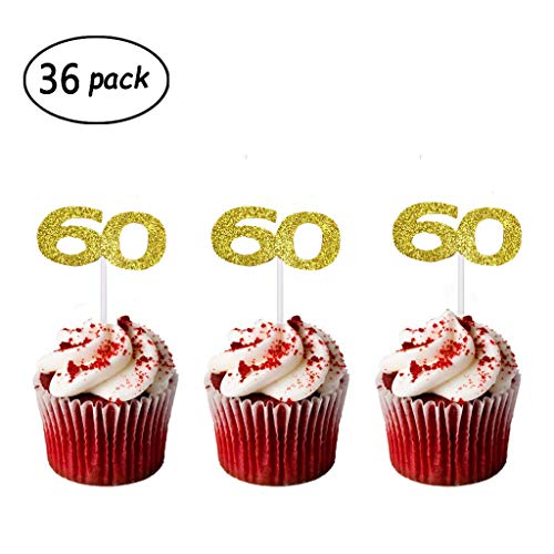 36 Pack Gold Glitter 60Th Birthday Cupcake Topper Cake Picks For