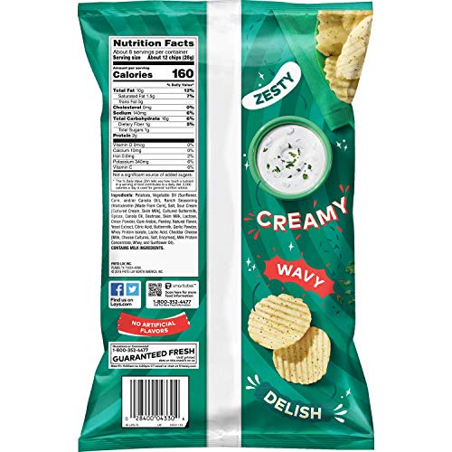 Lays Wavy Potato Chips, Ranch Flavor, 7.75Oz Bag Packaging May Lays Wavy Potato Chips, Ranch Flavor, 7.75Oz Bag Packaging May