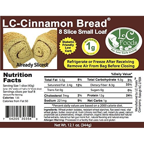 Low Carb Cinnamon Bread 8 Slice Pack - Fresh Baked - Lc Foods
