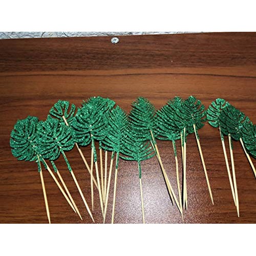 24Pcs Glittery Palm Leaves Cupcake Toppers For Tropical Party Ha