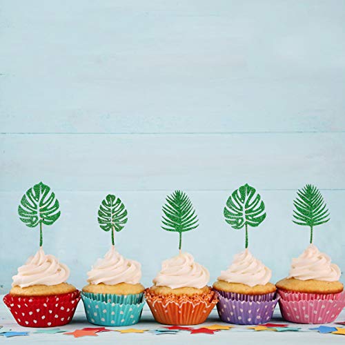 24Pcs Glittery Palm Leaves Cupcake Toppers For Tropical Party Ha