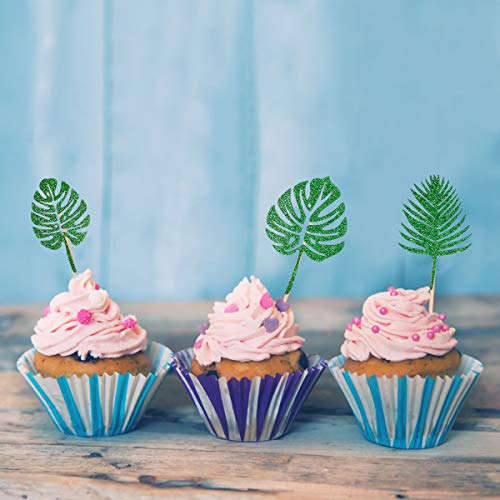 24Pcs Glittery Palm Leaves Cupcake Toppers For Tropical Party Ha