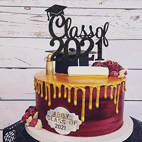 Class Of 2021 Cake Topper Black Glitter, Graduation Party Decora
