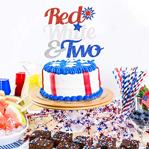 Glittery Red White &Amp; Two Cake Topper- 4Th Of July Theme 2Nd Birt