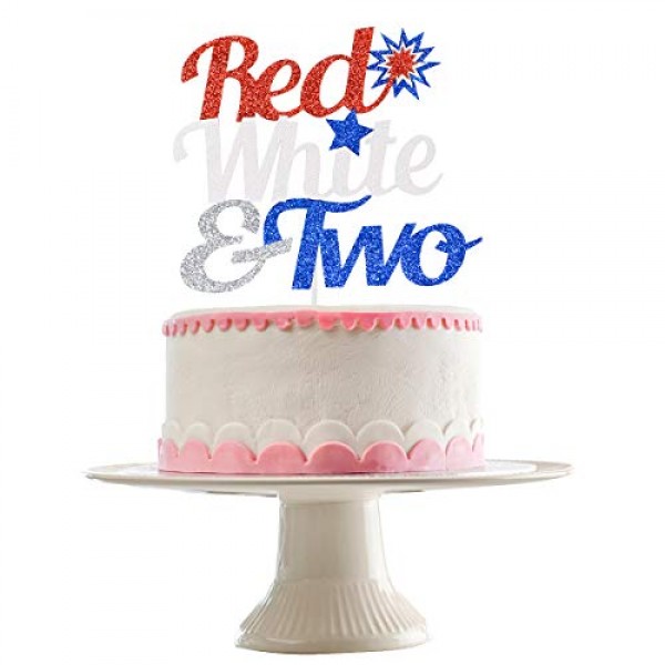 Glittery Red White & Two Cake Topper- 4th of July Theme 2nd Birt...