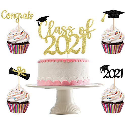 Graduation Decorations 2021- Class Of 2021 Cake Topper Gold Glit