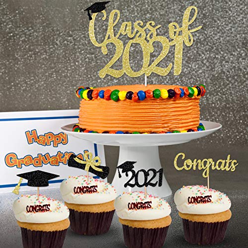 Graduation Decorations 2021- Class Of 2021 Cake Topper Gold Glit