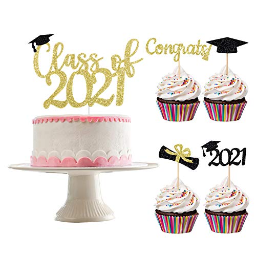 Graduation Decorations 2021- Class Of 2021 Cake Topper Gold Glit