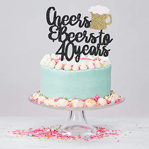Black Glittery Cheers &Amp; Beers To 40 Years Cake Topper For 40Th B