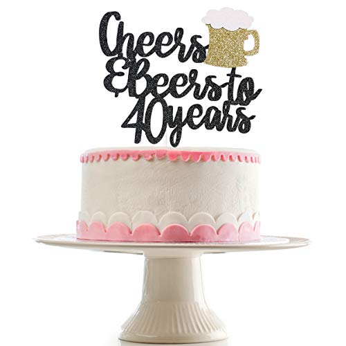 Black Glittery Cheers &Amp; Beers To 40 Years Cake Topper For 40Th B