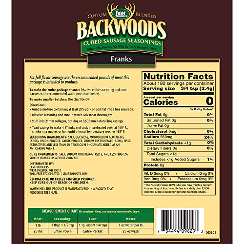LEM Backwoods Cured Sausage Seasoning with Cure Packet, Franks