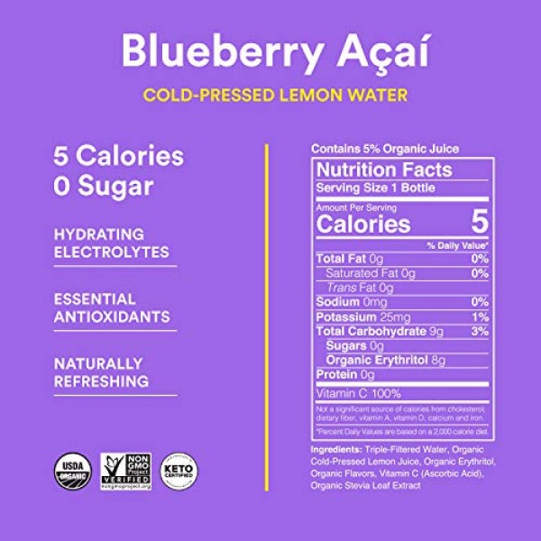 Lemon Perfect, Organic Cold-Pressed Lemon Water, Blueberry Açaí,