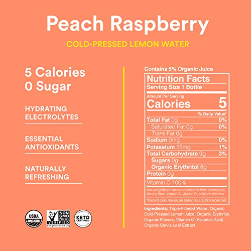 Lemon Perfect, Organic Cold-Pressed Lemon Water, Peach Raspberry