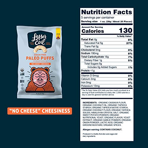 Lesserevil Grain Free Paleo Puffs, No Cheese Cheesiness, 5 Oun