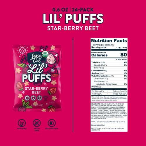 LesserEvil Strawberry Beet Lil Puffs, Organic Snacks for Kids, ...
