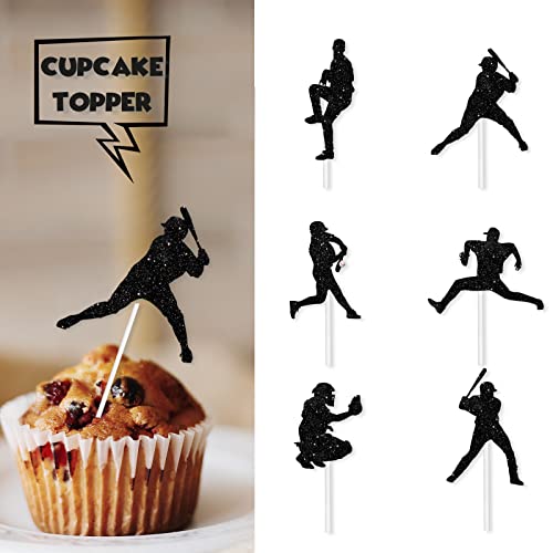 18pcs Black Glitter Dessert Cupcake Topper Baseball Sport Game T...