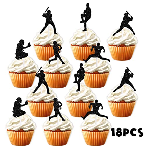 18pcs Black Glitter Dessert Cupcake Topper Baseball Sport Game T...