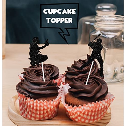 18pcs Black Glitter Dessert Cupcake Topper Baseball Sport Game T...