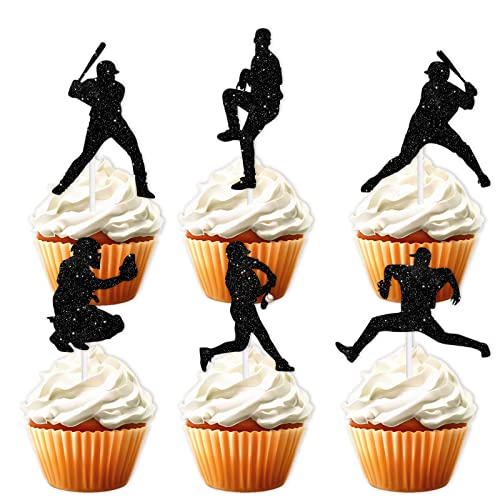 18pcs Black Glitter Dessert Cupcake Topper Baseball Sport Game T...